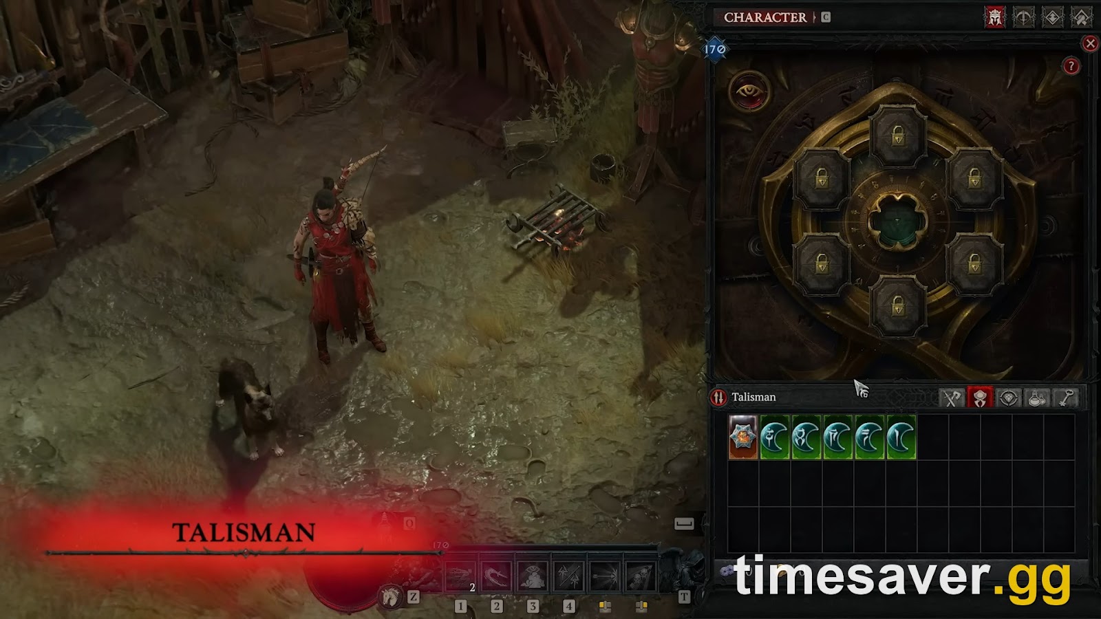 Diablo 4 Talisman screen with the empty six-slot Charm ring around the Seal socket and a row of green Set Charms in the Talisman inventory tab