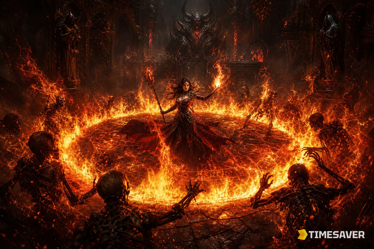 Diablo 4 Sorcerer channeling a ring of Firewall flames in Season 14 Death Awakening — the A-tier Firewall Sorc build