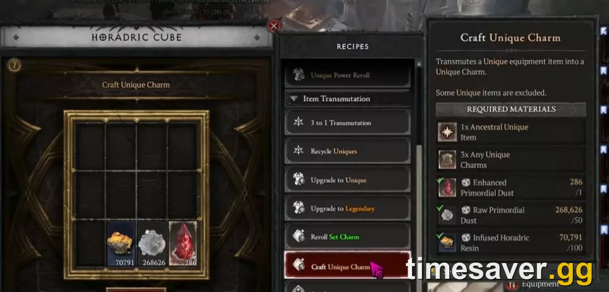 Diablo 4 Horadric Cube with the Craft Unique Charm recipe highlighted and the Required Materials panel showing 1x Ancestral Unique Item, 3x Any Unique Charms, Enhanced Primordial Dust, Raw Primordial Dust and Infused Horadric Resin