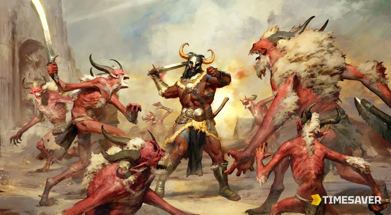 Diablo 4 Barbarian in horned helm swinging a two-handed weapon into a pack of demons — official key art