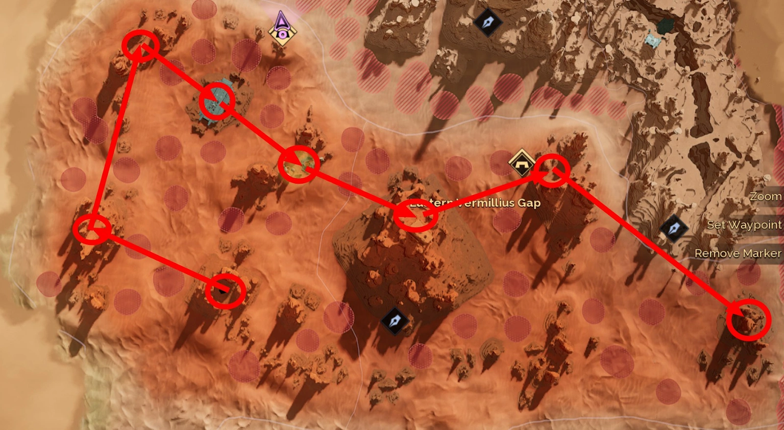 Western Vermilion's Gap route map showing chest locations