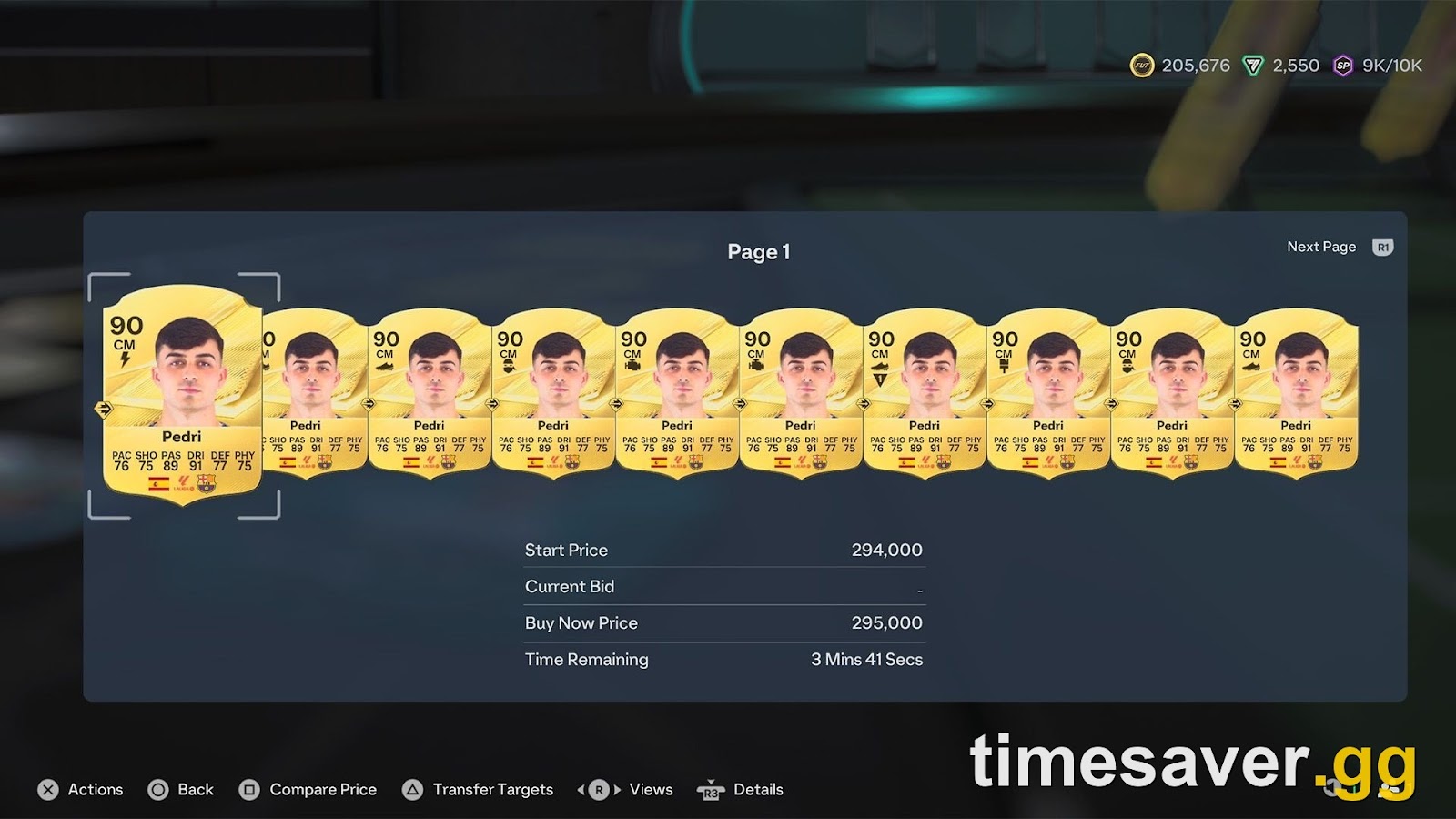EA SPORTS FC 27 Ultimate Team Transfer Market search results screen showing a row of player listings with start price, buy-now price and auction timers, and a coin balance of 205,676 in the top HUD