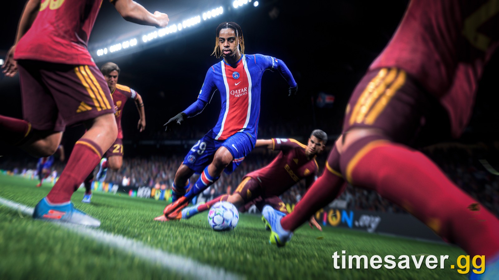 EA SPORTS FC 27 in-game shot of a Paris Saint-Germain number 29 dribbling near the touchline as opponents in burgundy close in