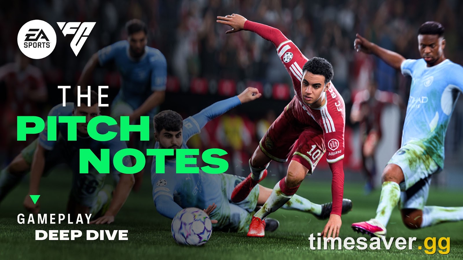 Official EA SPORTS FC 27 Pitch Notes Gameplay Deep Dive banner showing an attacker evading two sliding defenders