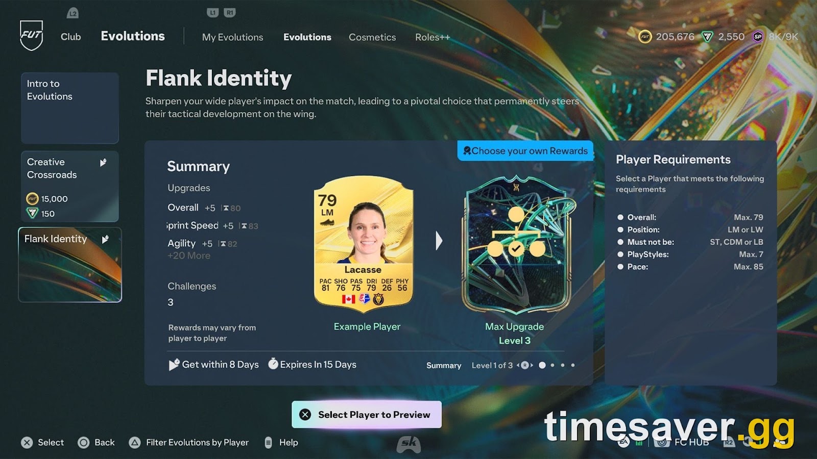 EA FC 27 Flank Identity Evolution detail screen with the Player Requirements panel showing Overall Max. 79, Position LM or LW, Must not be ST CDM or LB, PlayStyles Max. 7 and Pace Max. 85