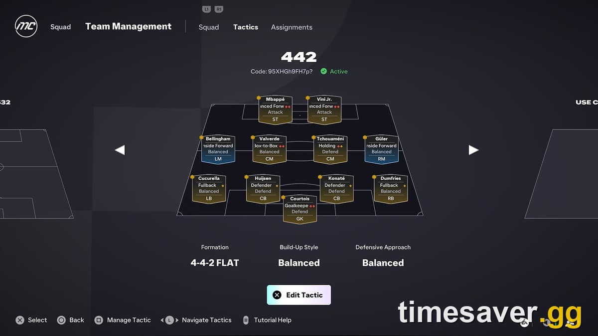 EA FC Team Management tactics screen showing a 4-4-2 Flat formation with player roles and an attached tactics code
