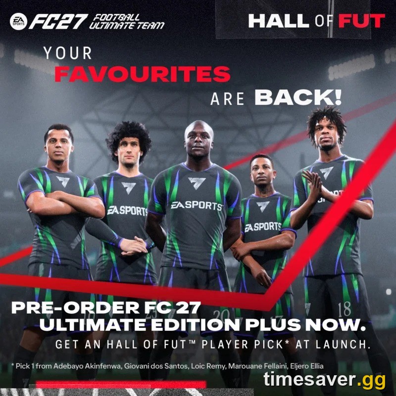 EA SPORTS FC 27 Hall of FUT pre-order art showing the five Player Pick options including Adebayo Akinfenwa and Marouane Fellaini