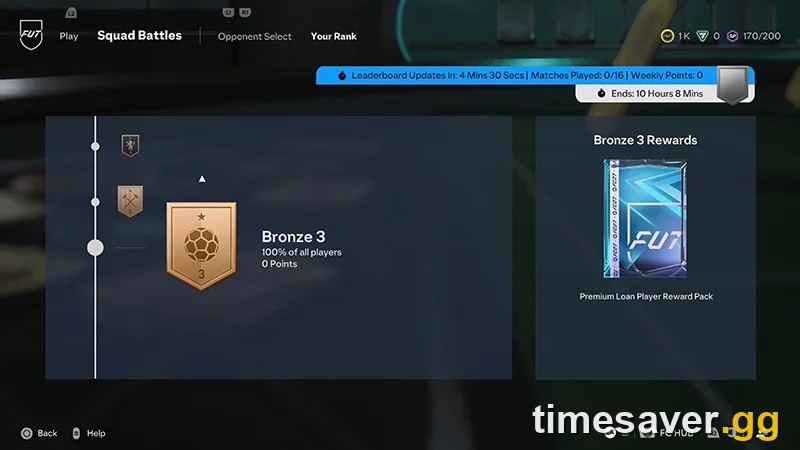 FC 27 Ultimate Team Squad Battles Your Rank screen showing a weekly countdown timer, matches played counter and Bronze 3 reward tier