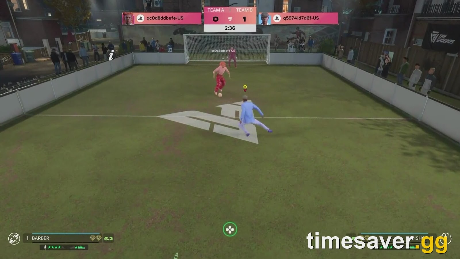 EA SPORTS FC 27 small-sided Rush-style match on an enclosed urban pitch in The Grounds, an attacker bearing down on the goalkeeper with the TEAM A v TEAM B scoreboard at 0-1 and 2:36 on the clock