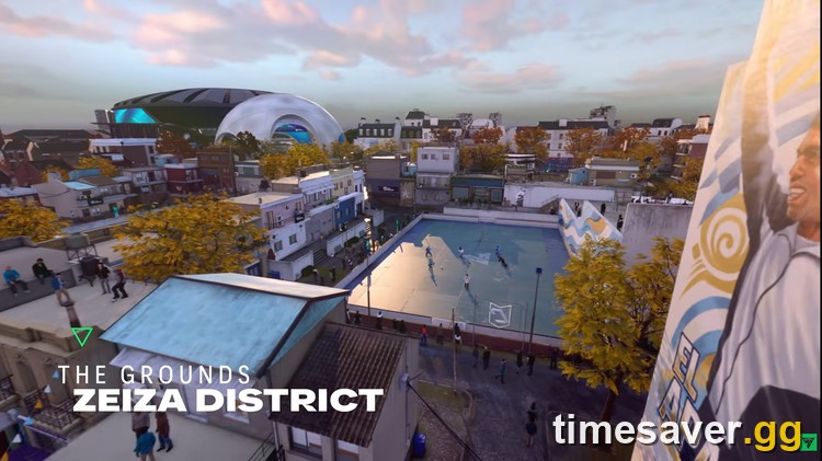 Sunset aerial view of the Zeiza District in FC 27's The Grounds, showing an outdoor football court surrounded by apartment blocks, a large footballer mural and a stadium in the distance