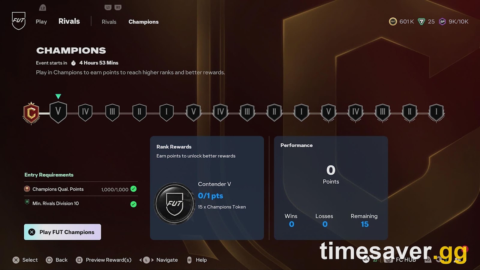 EA SPORTS FC 27 FUT Champions event screen showing 1,000/1,000 Champions Qualification Points, Min. Rivals Division 10 and 15 matches remaining