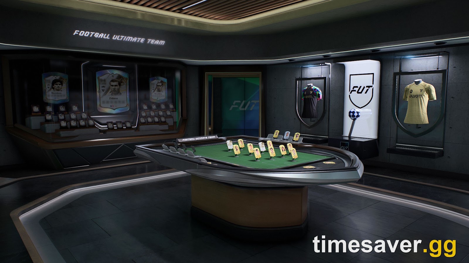 EA SPORTS FC 27 Football Ultimate Team Gallery Hub environment with player items displayed on the walls