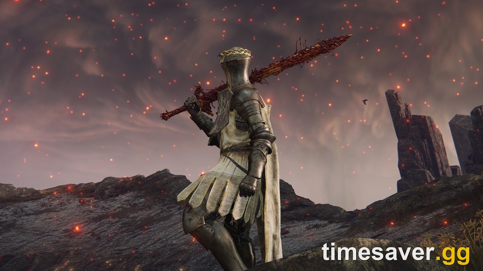 A Tarnished in Elden Ring resting the Blasphemous Blade greatsword on their shoulder under an ember-filled sky