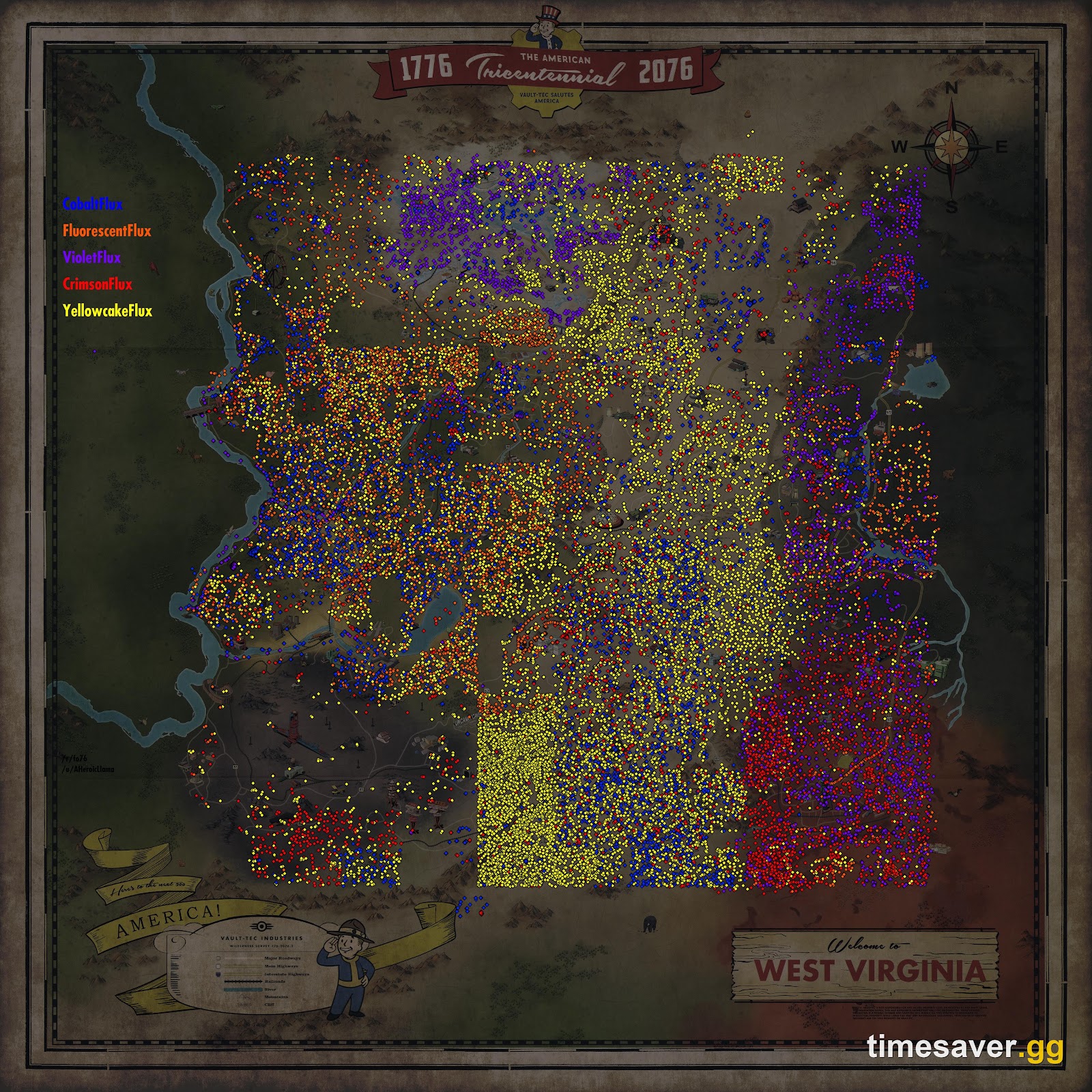 Appalachia map with colour-coded flux plant locations for all five flux types in Fallout 76