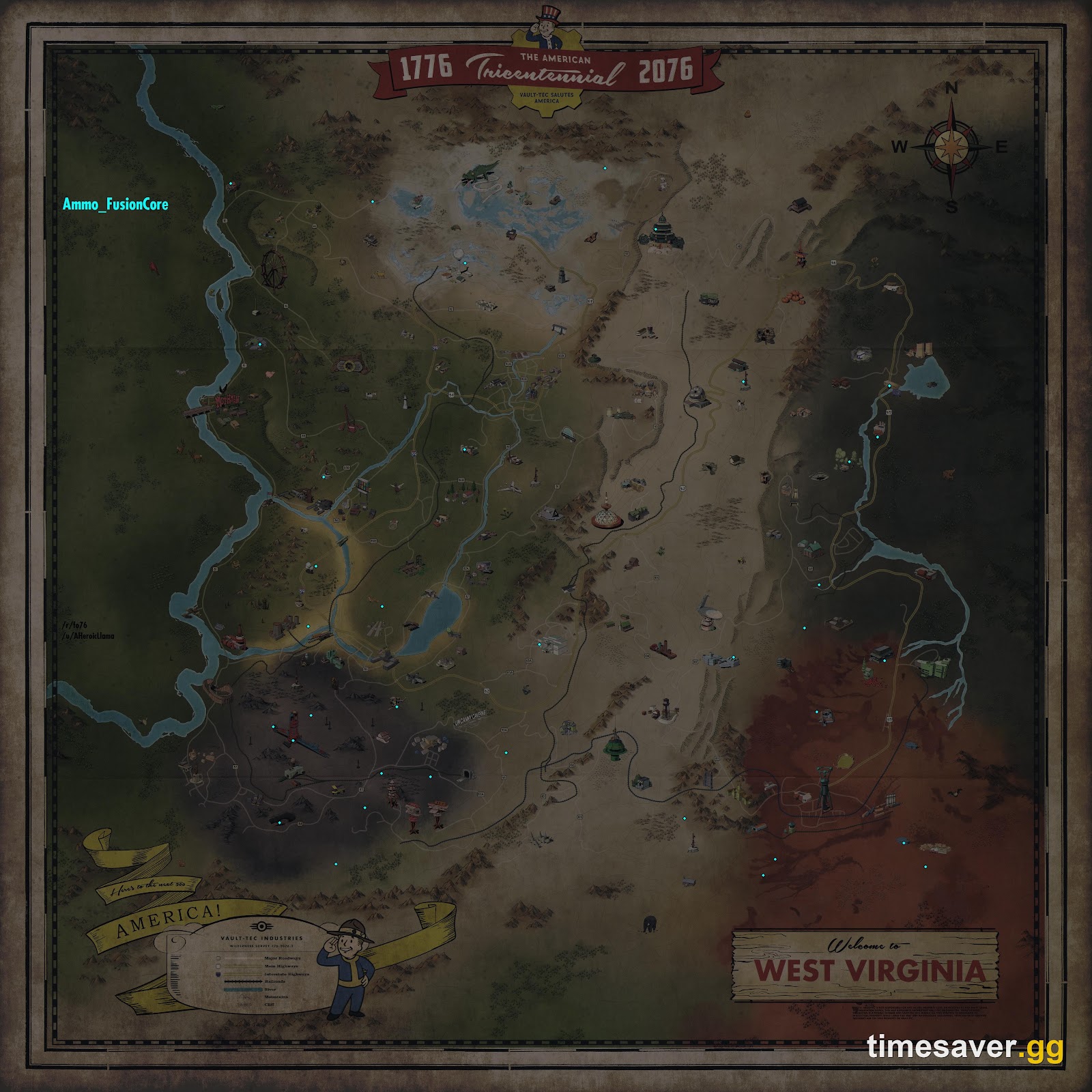 Appalachia map showing all Fusion Core fixed spawn locations across every region of Fallout 76, sourced from the Independent Fallout Wiki