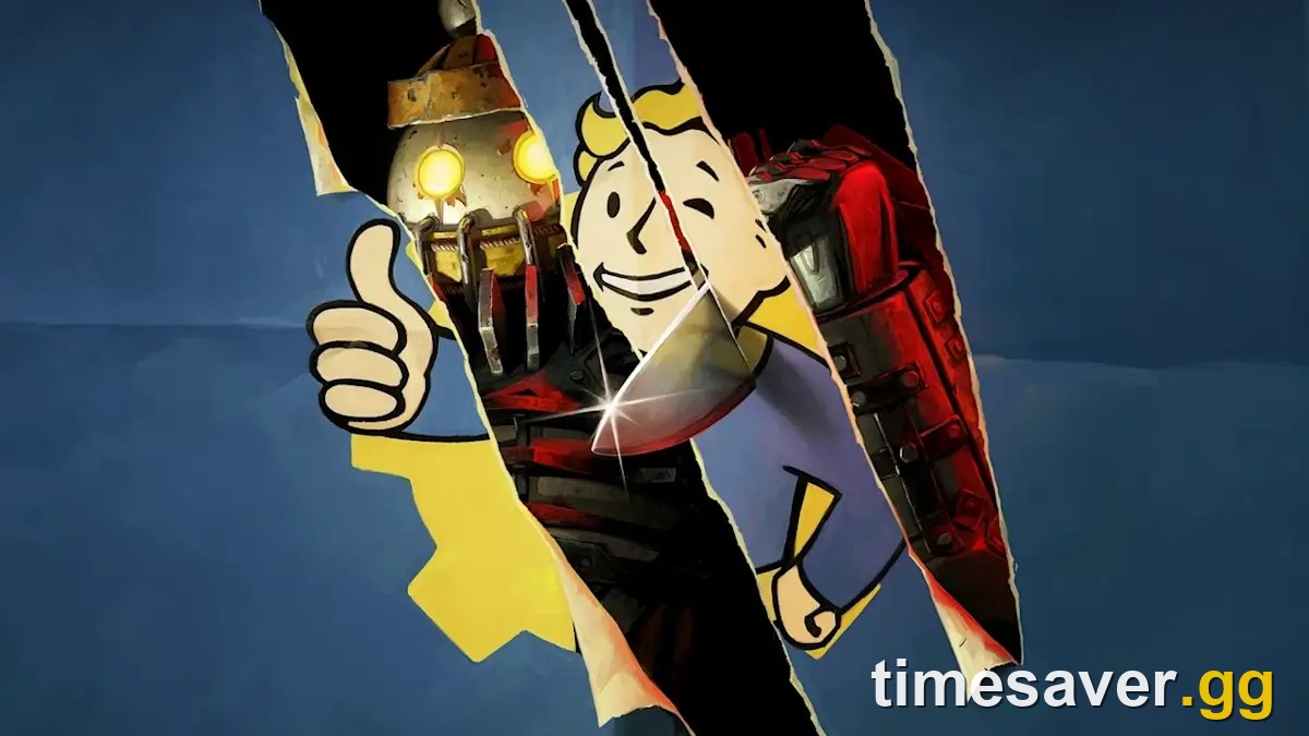 Official Fallout 76 The Slasher key art: a torn Vault Boy poster revealing the masked Pint-Sized Slasher and his knife