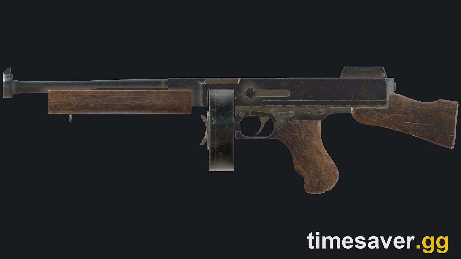 Fallout 76 Submachine Gun with drum magazine, the .45 automatic weapon at the center of an SMG build