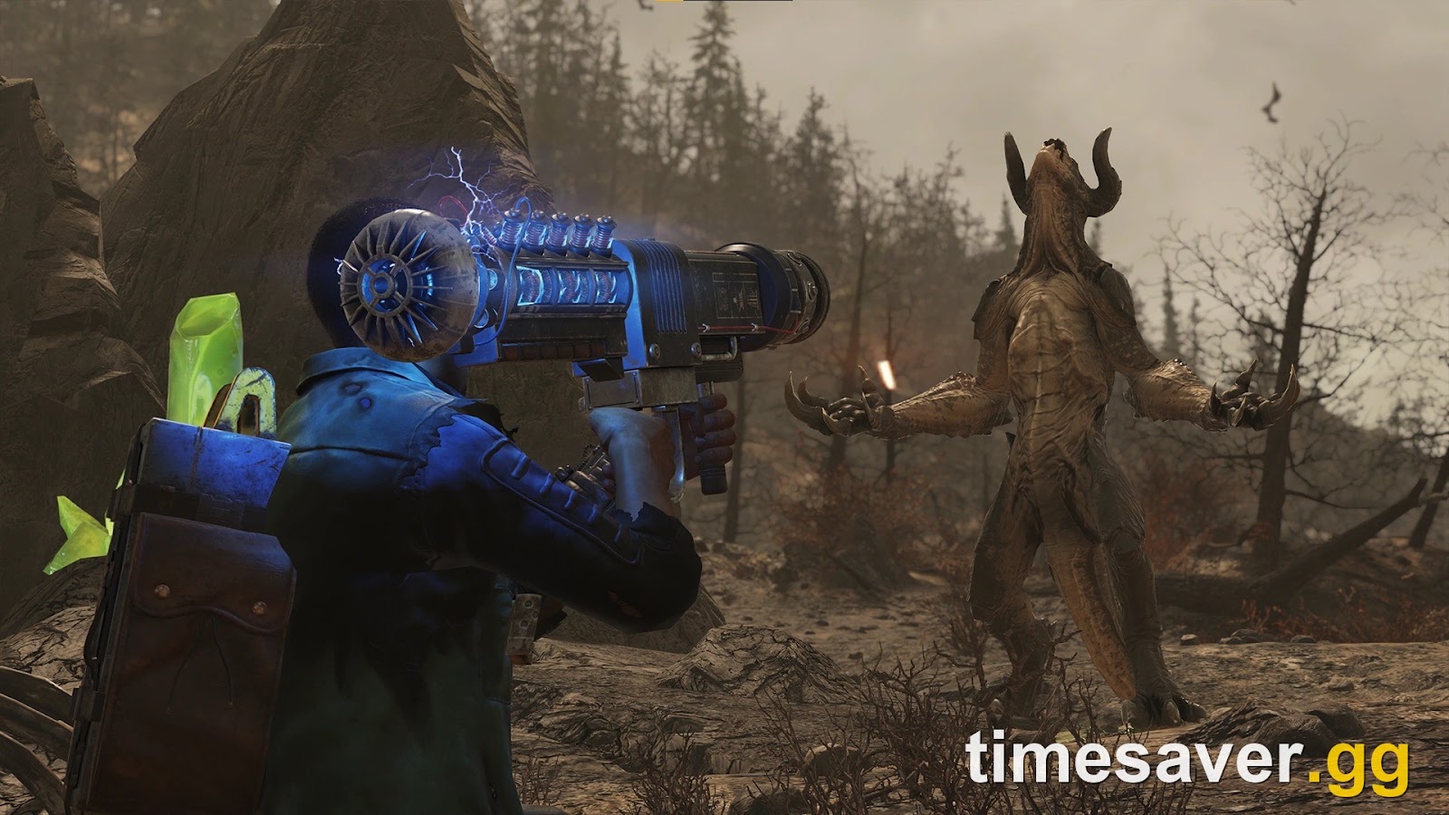 Fallout 76 player firing the Tesla Cannon at a Deathclaw, from Bethesda's Season 19 promotional art