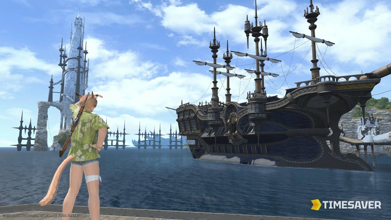 A new adventurer in starter gear arriving at Limsa Lominsa in Final Fantasy XIV, where most new players begin their gil journey