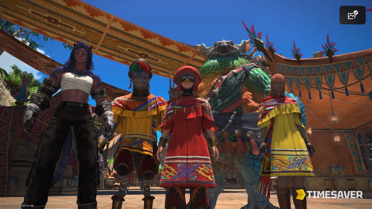 Warriors of Light in Tural cultural attire in FFXIV Dawntrail — the Patch 7.51 setting where every gil method below pays out