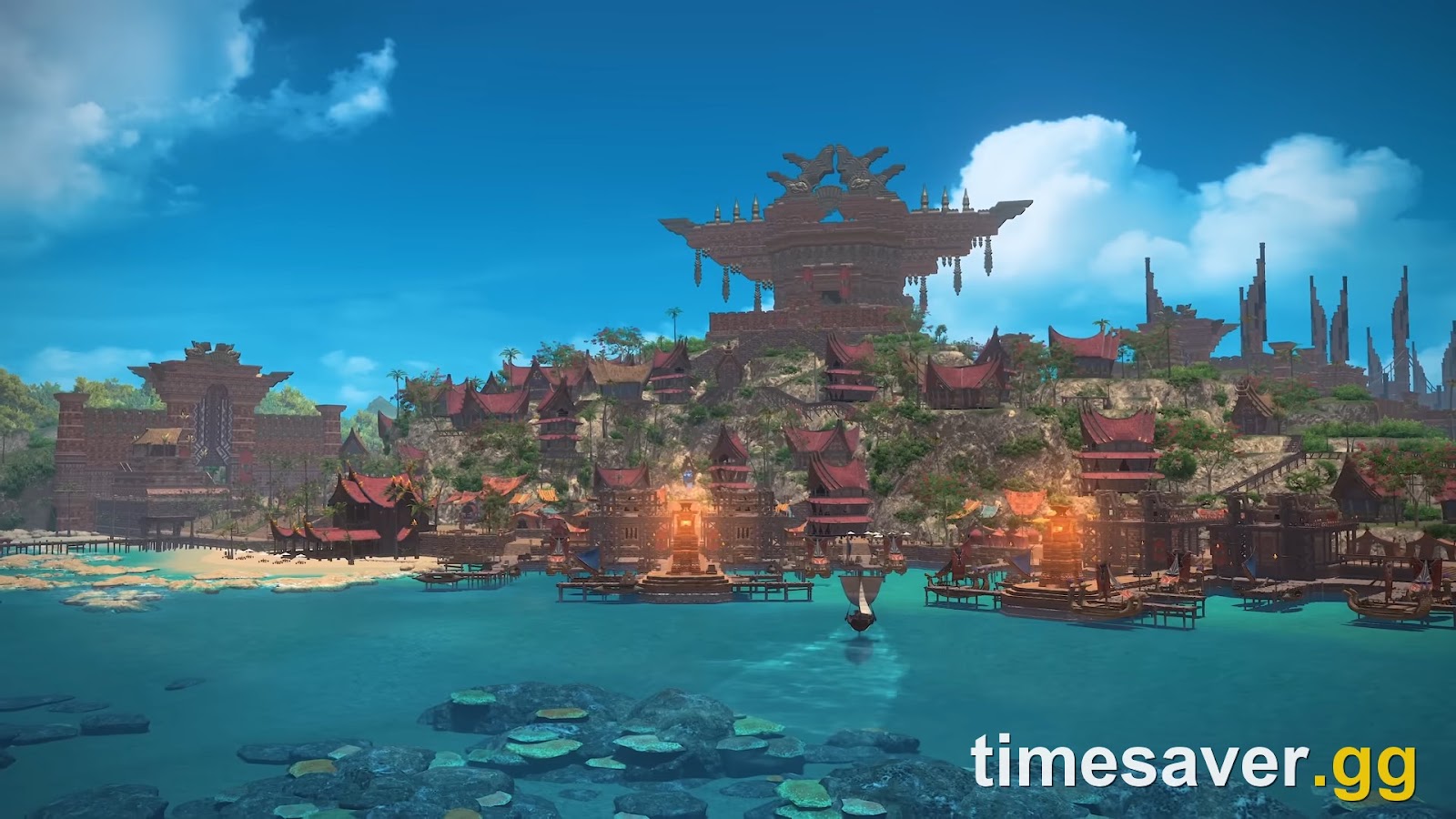 FFXIV Dawntrail city of Tuliyollal waterfront, hub of trade and the gil economy