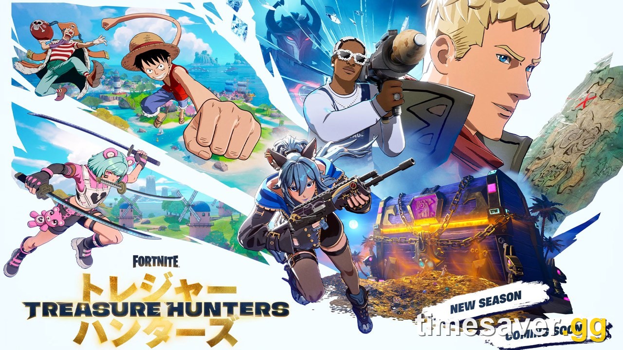 Official Fortnite Treasure Hunters key art with anime Jonesy, Luffy, Buggy, A$AP Rocky and a chained treasure chest