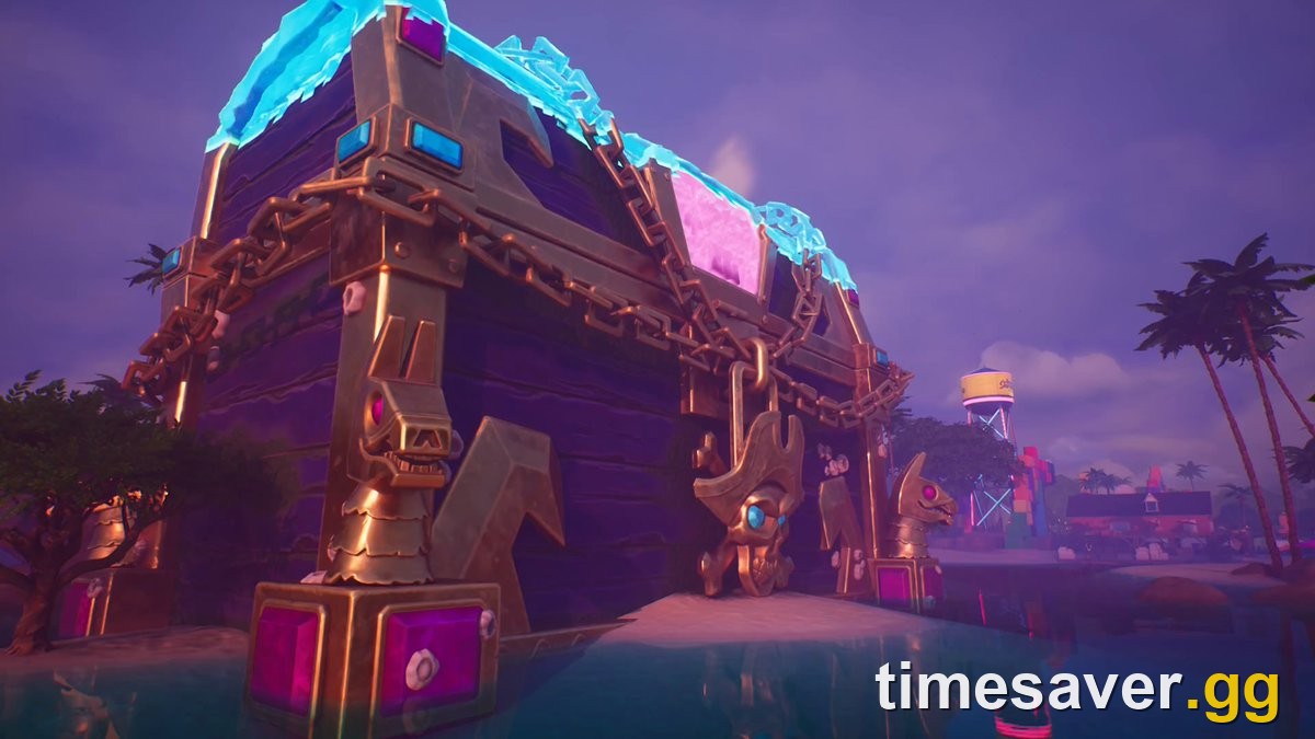 The giant gold-and-purple pirate treasure chest on the Fortnite island that plays the Kasane Teto and Hatsune Miku songs