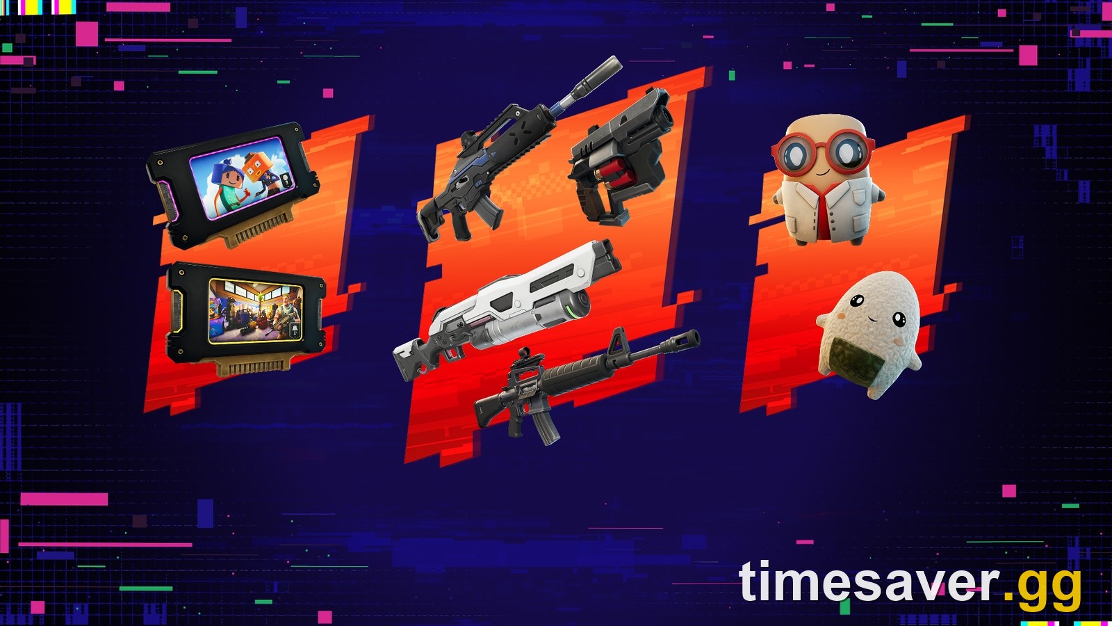 Fortnite v42.20 Loot Hacks and Sprites promo showing the new weapon pool, Loot Hack devices and Sprite characters arriving in the Override update
