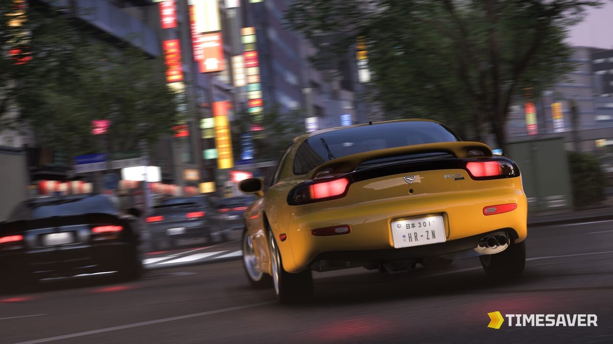 Forza Horizon 6 Mazda RX-7 racing through a neon-lit Japanese city at dusk — the best cars in FH6 ranked by class and use case