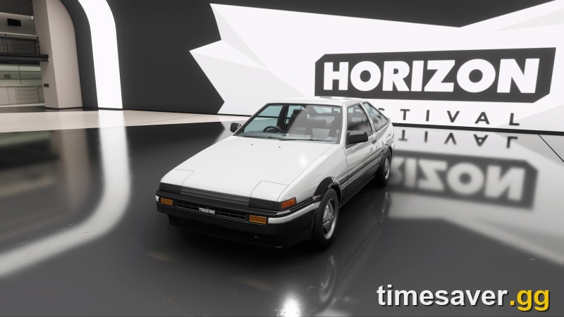 Forza Horizon 6 Toyota Sprinter Trueno AE86 and a Honda Beat kei car on a misty Japanese touge pass at dusk — light rear-drive D-class cars
