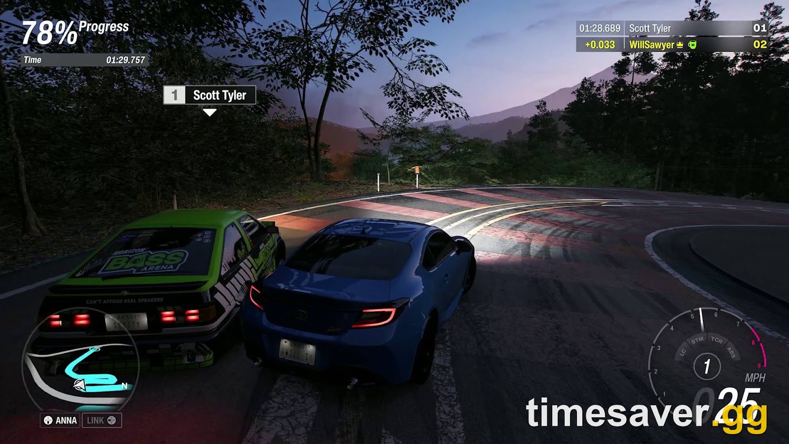 Forza Horizon 6 S1 road race — two cars wheel-to-wheel on a Japanese mountain road at dusk