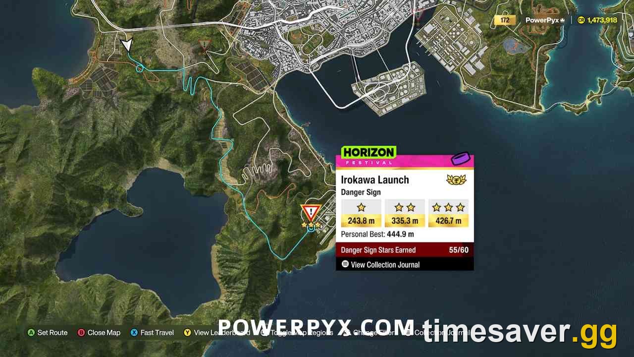 Forza Horizon 6 in-game map showing the Irokawa Launch Danger Sign in Nangan with its 243.8 m, 335.3 m and 426.7 m star targets