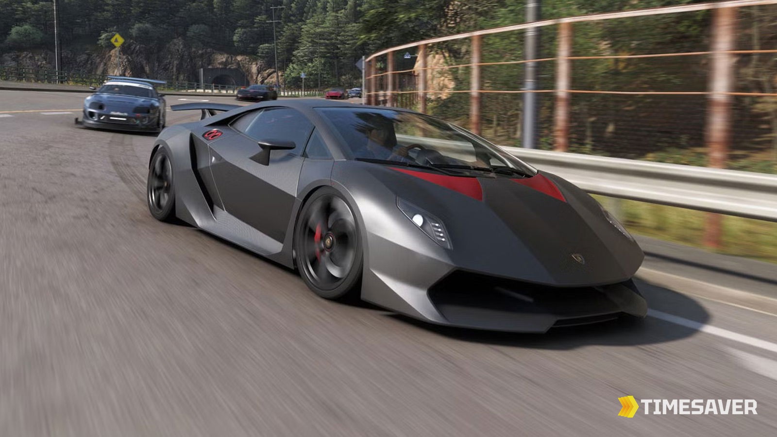 A Lamborghini Sesto Elemento leading a pack of cars on a technical mountain highway in Forza Horizon 6 — the kind of high-speed cornering the Goliath demands