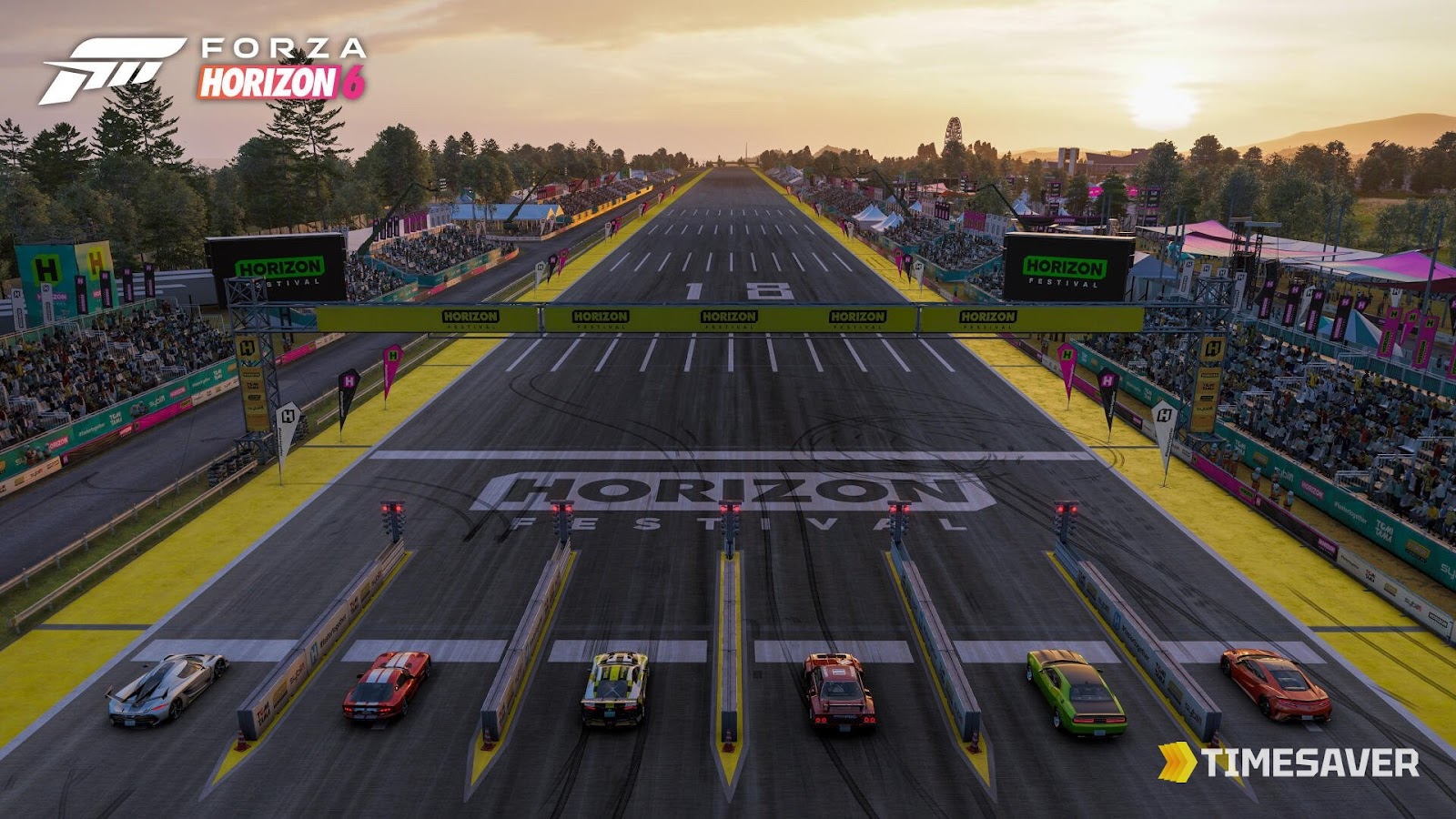 Forza Horizon 6 Horizon Festival start line with cars lined up — the festival grind is how you earn Festival Points and level up