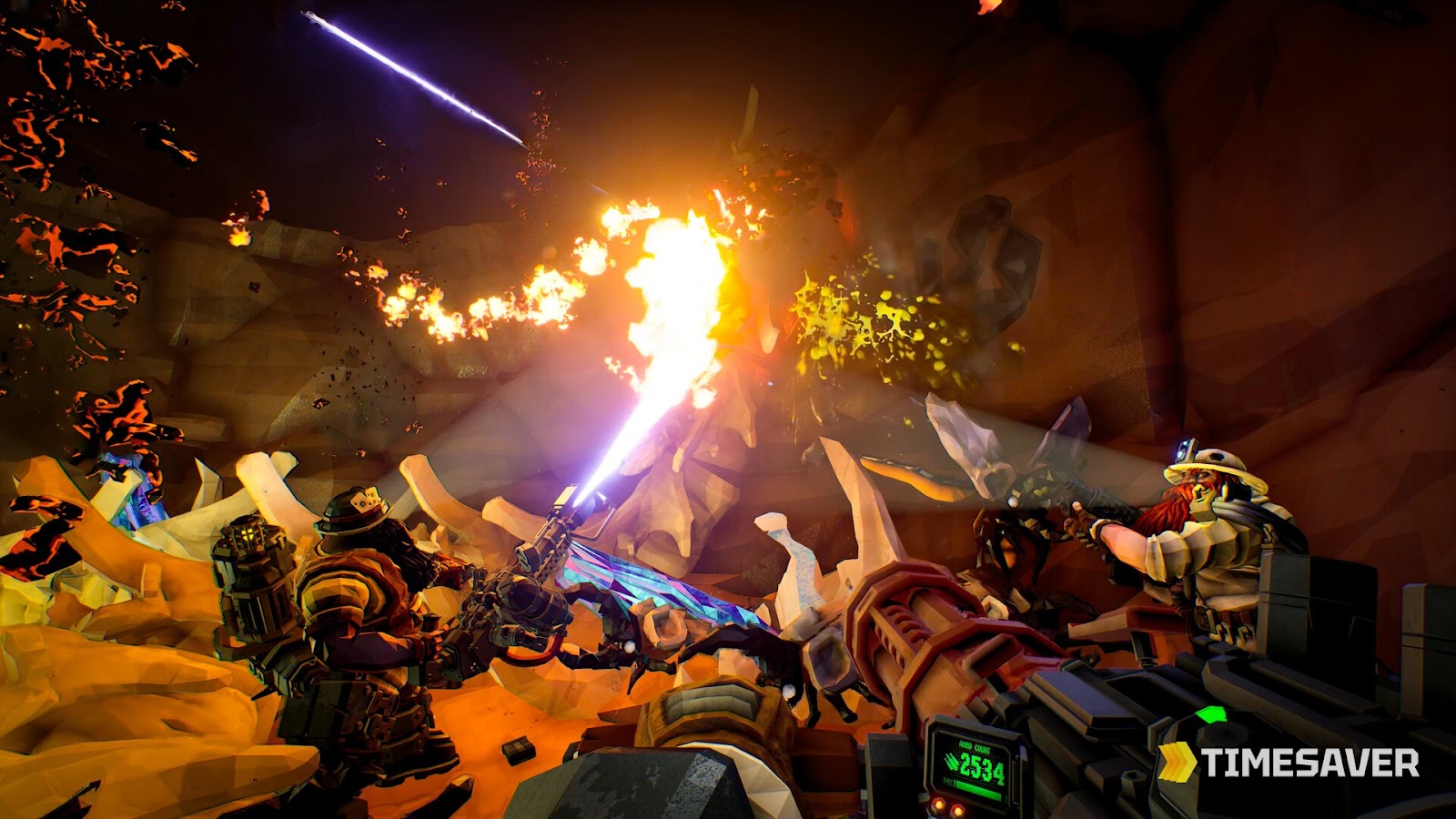 A team of Deep Rock Galactic dwarves fighting together with a flamethrower in a glowing underground cave