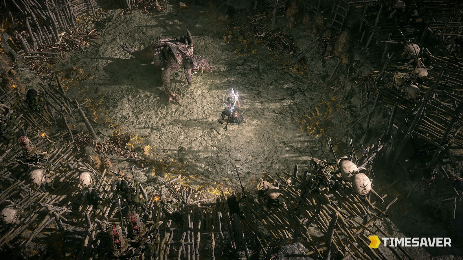 A high-intensity Path of Exile 2 combat encounter showing the genre's dense systems and effects