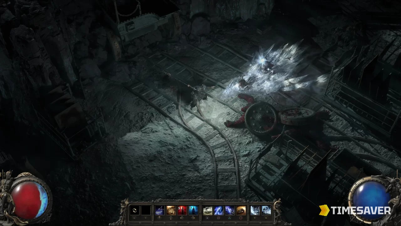 A Path of Exile 2 character fighting through a dark underground mine, the classic ARPG HUD framing the screen