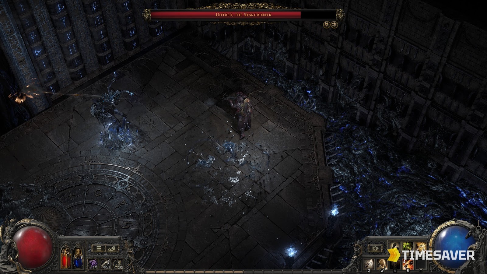 Path of Exile 2 spellcaster unleashing area magic during a dark fantasy battle