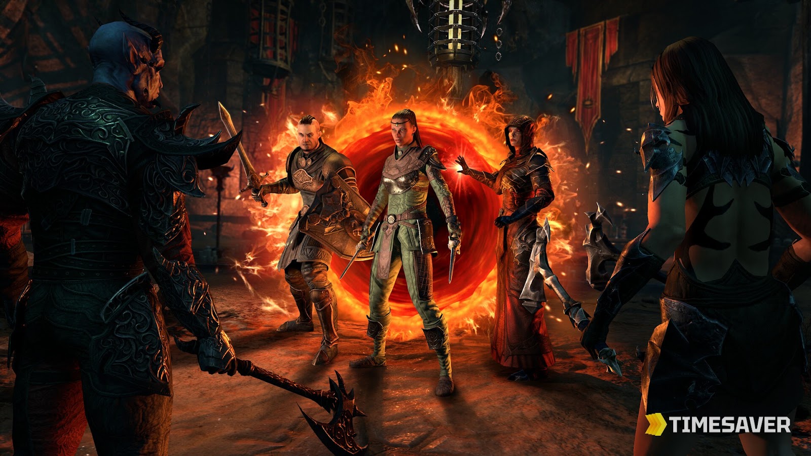 A party of MMORPG adventurers facing enemies in front of a glowing fiery portal in a dungeon