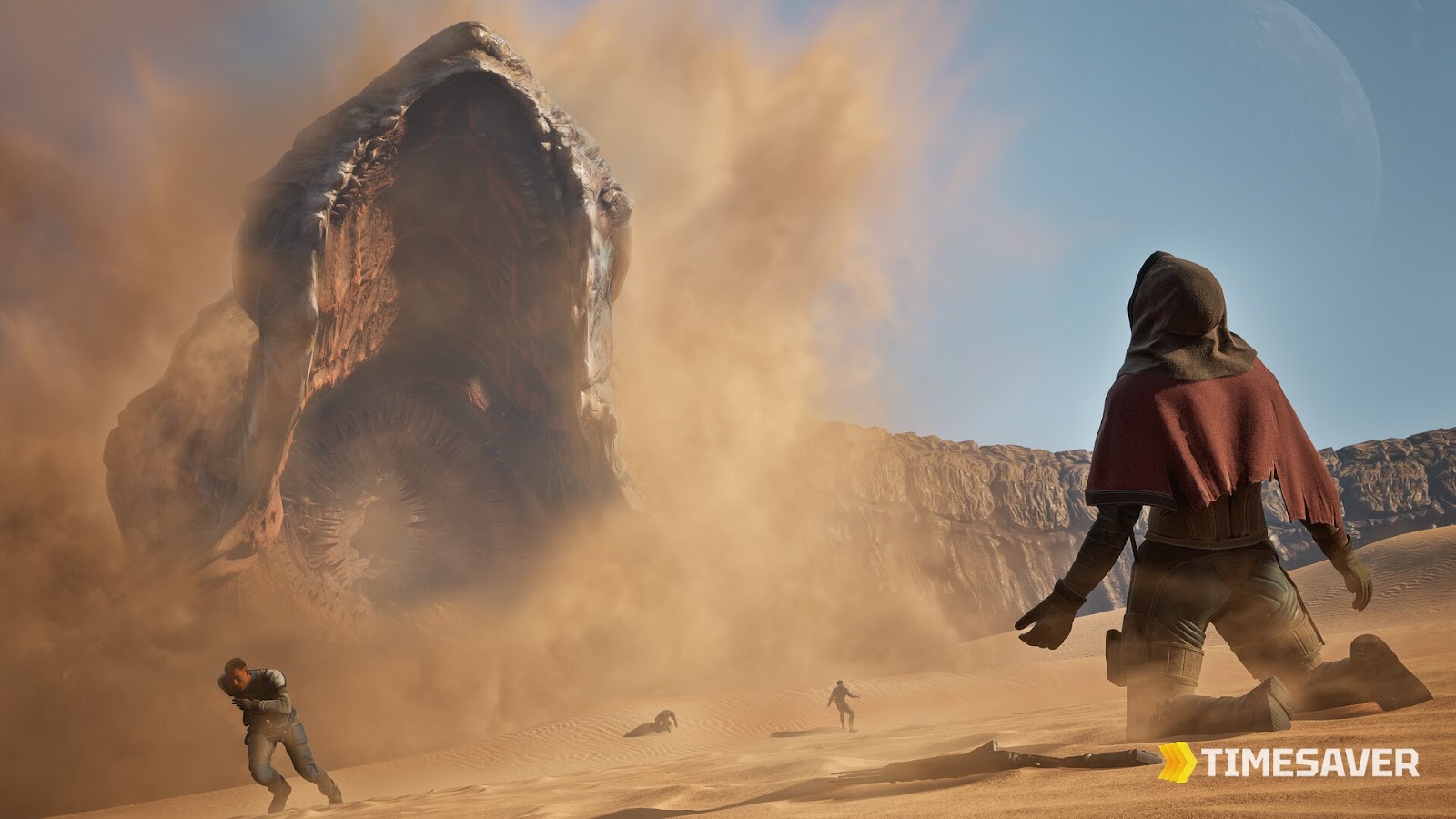 Dune Awakening survivor in the open desert of Arrakis under a massive sky