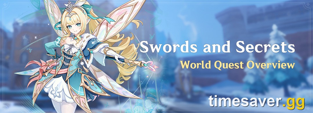 Official Genshin Impact Version 7.1 banner for the Swords and Secrets World Quest Overview, showing a winged Snezhnaya character in front of a snowbound fortress