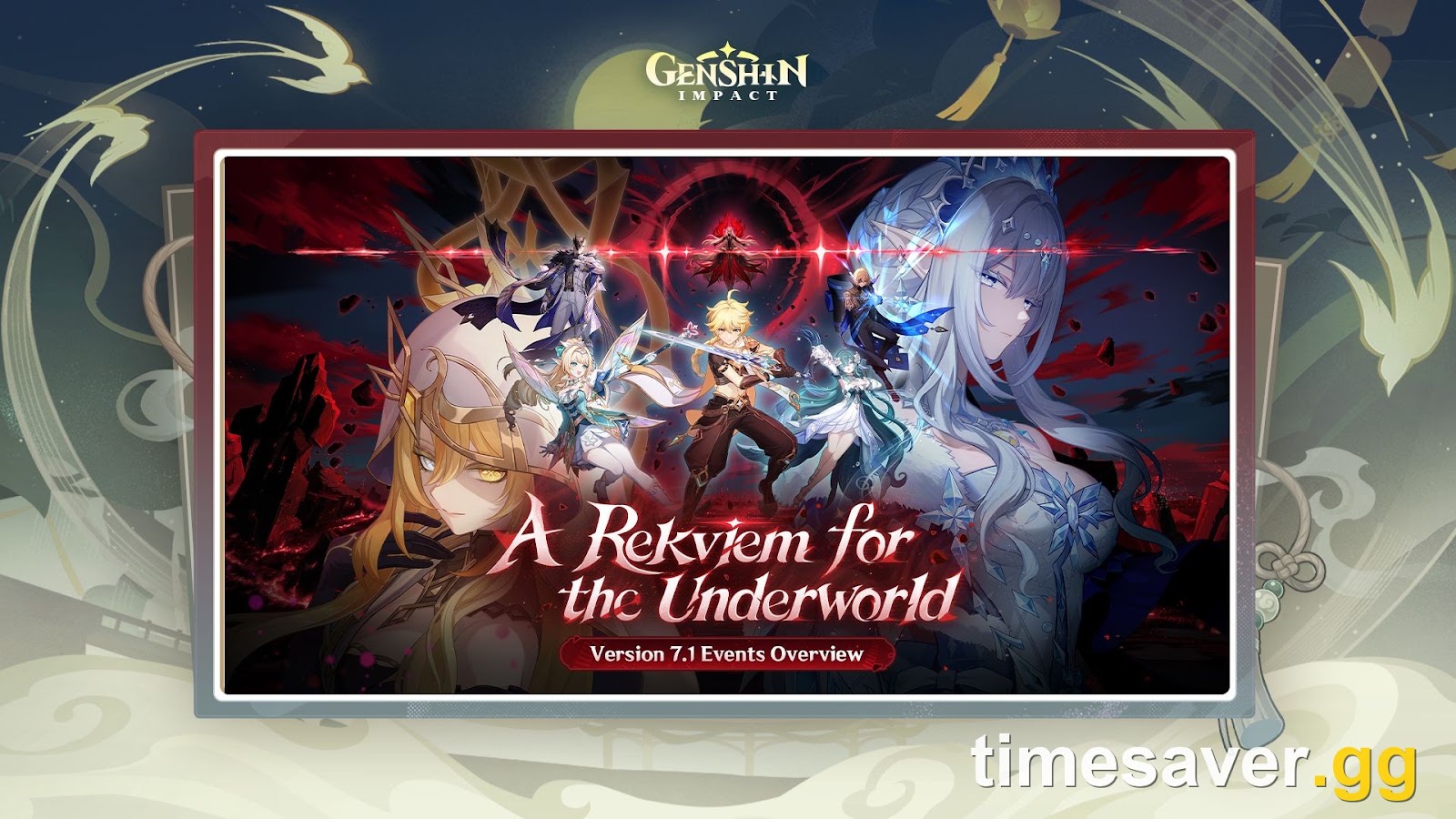 Official Genshin Impact Version 7.1 A Rekviem for the Underworld Events Overview key art showing the Traveler and Snezhnayan characters against a red sky
