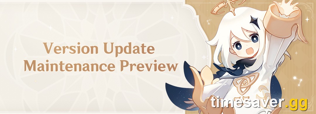 Official Genshin Impact Version Update Maintenance Preview announcement banner showing Paimon with both arms raised