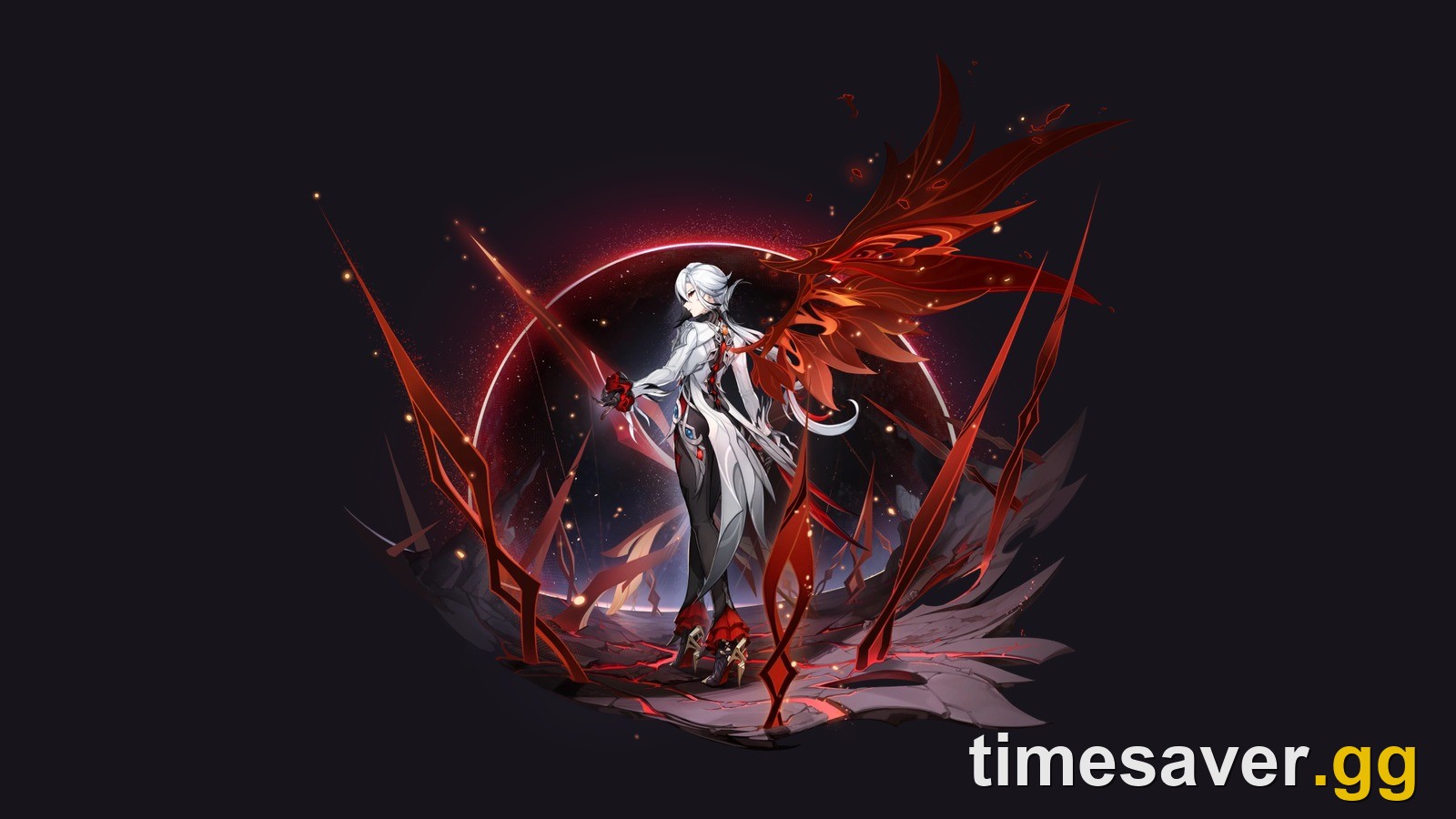 Arlecchino, the five-star Pyro polearm user from Genshin Impact, in her official wish artwork wreathed in Balemoon Bloodfire
