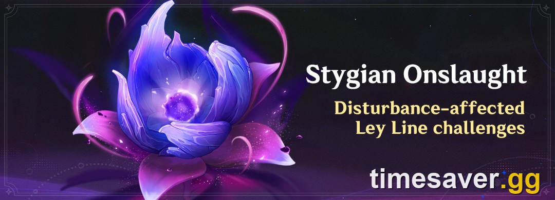 Official Genshin Impact in-game announcement banner for the Stygian Onslaught event, the repeatable endgame combat mode that awards Dust of Enlightenment each version