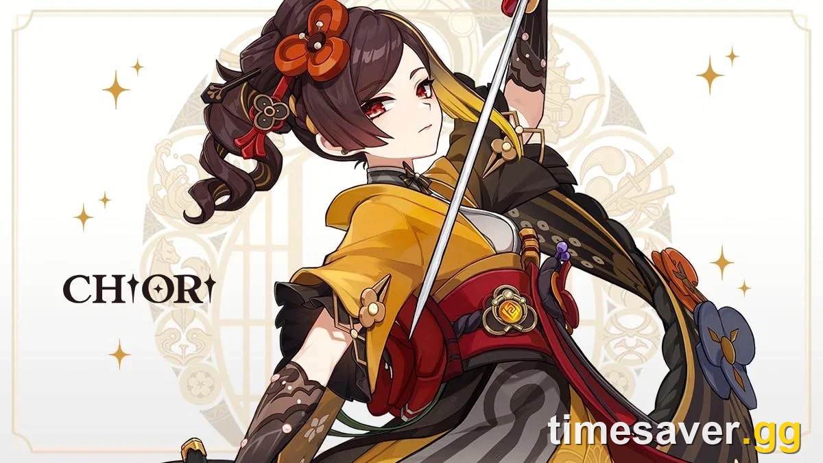 Chiori, the five-star Geo Sword character from Genshin Impact, raising her blade in her official character introduction art