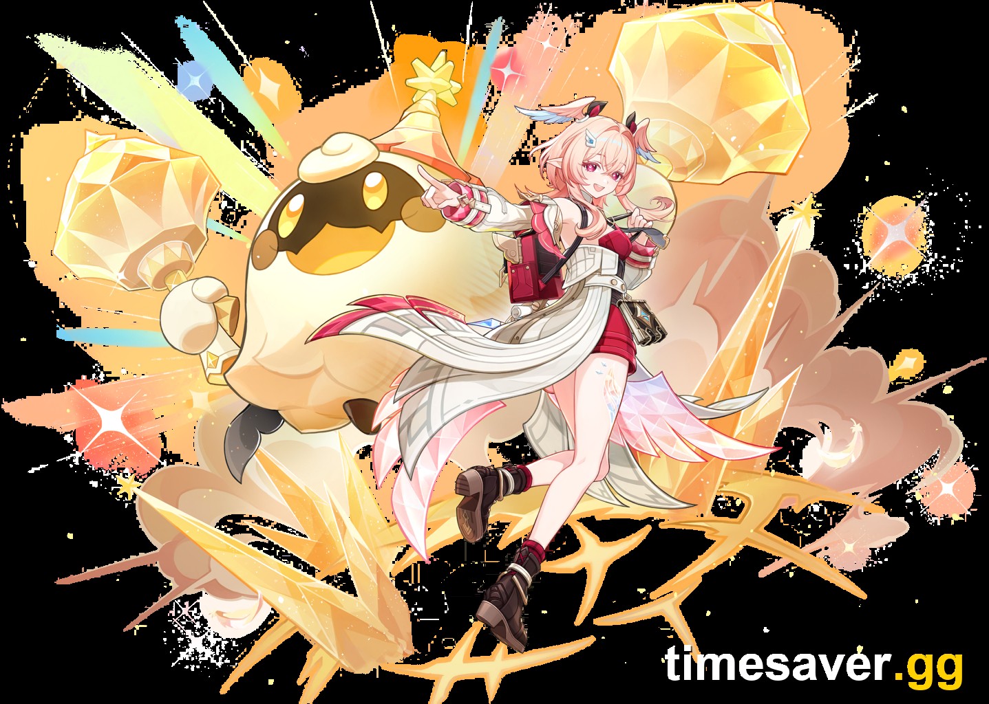 Linnea official wish splash art, the 5-star Geo Bow character from Nod-Krai, standing with her companion Lumi