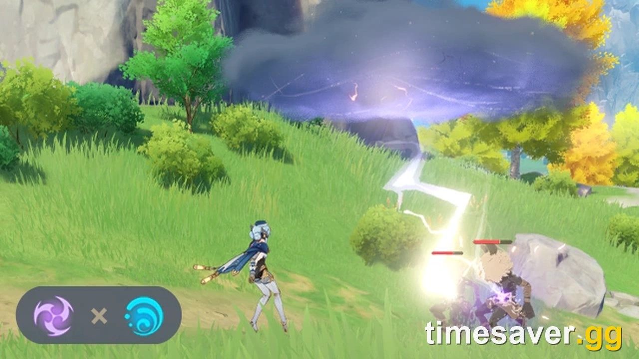 Genshin Impact in-game Lunar-Charged tutorial screenshot showing a dark thundercloud firing lightning at a wet opponent, with the Electro and Hydro element icons displayed in the corner