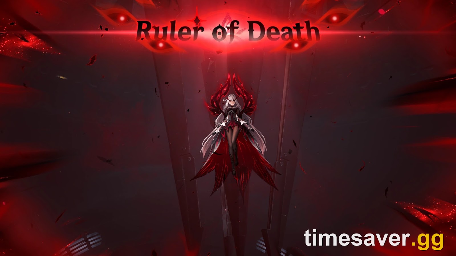 In-game Genshin Impact introduction card for Ronova, titled Ruler of Death, showing her winged silhouette against red Ley Line light