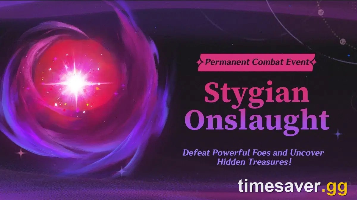 Official Genshin Impact key art for the permanent combat event Stygian Onslaught, showing the challenge arena at Sal Terrae in Liyue